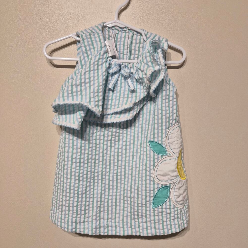 Bonnie Baby 18 Month Seersucker White and Blue Spring Floral Pastel Dress Ruffle